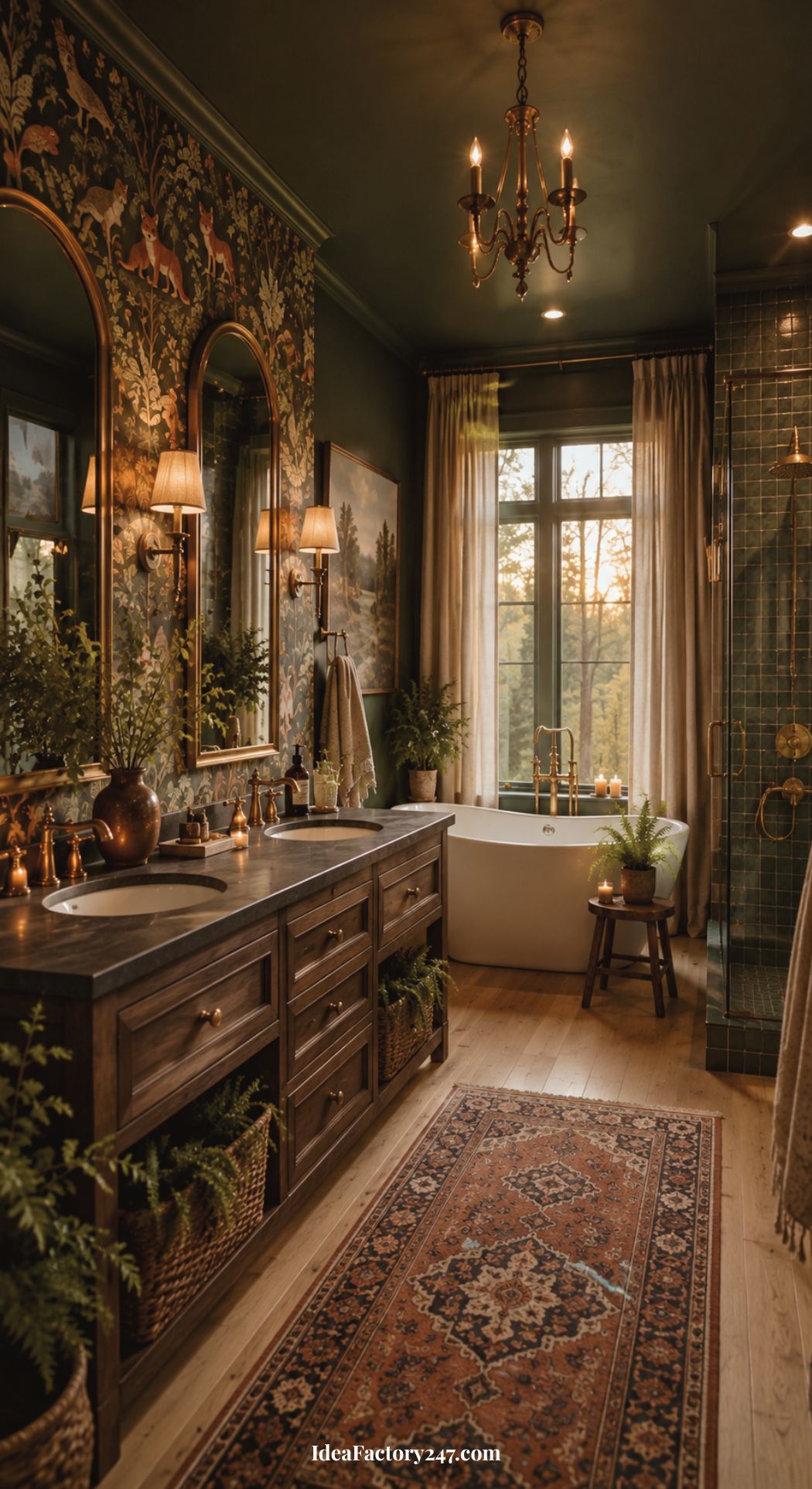 Elegant and whimsical bathroom with a dark wood vanity, large mirrors, green wallpaper, chandelier, freestanding tub by a window, indoor plants, and a patterned rug on a wooden floor. Warm, natural light fills the room.