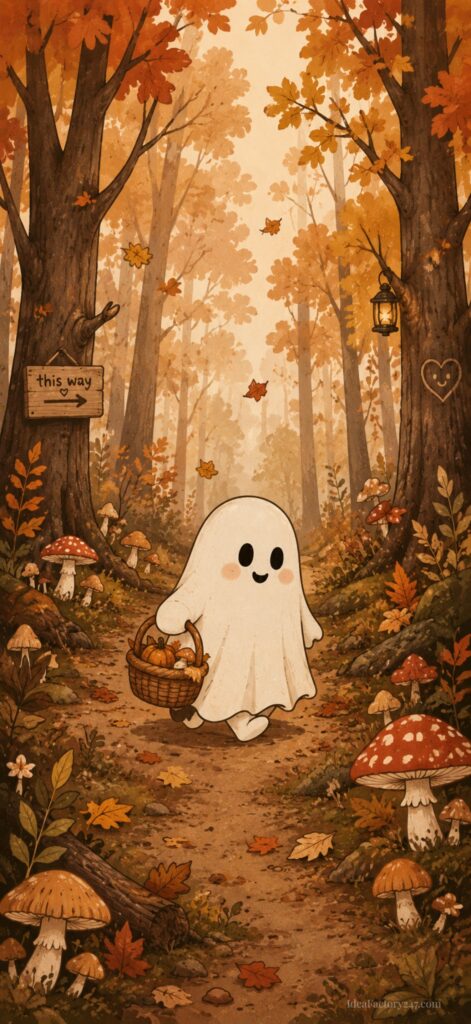 A cute cartoon ghost carrying a pumpkin basket walks along an autumn forest path with colorful leaves, mushrooms, and a sign that says “this way.”.