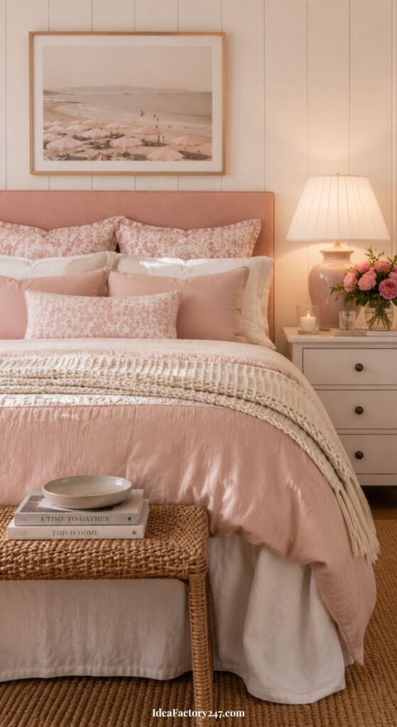 A cozy bedroom featuring a pink and white bed, a wicker bench with books, a bedside table with a lamp and flowers, and a beach photo above the bed. The decor is soft and inviting.