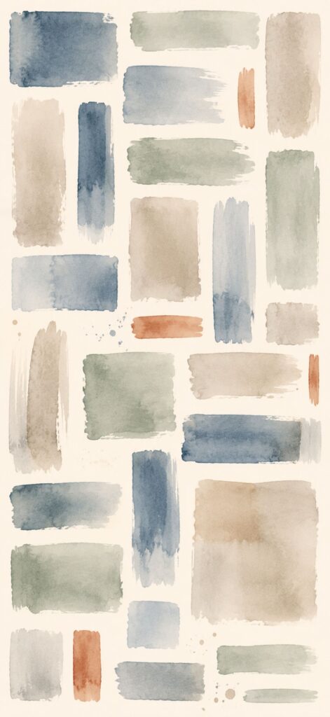 Abstract watercolor painting with rectangular and square brush strokes in muted blue, green, beige, and orange tones, arranged in a loose grid pattern on a cream-colored background—perfect as an abstract iPhone wallpaper to bring subtle artistry to your device.