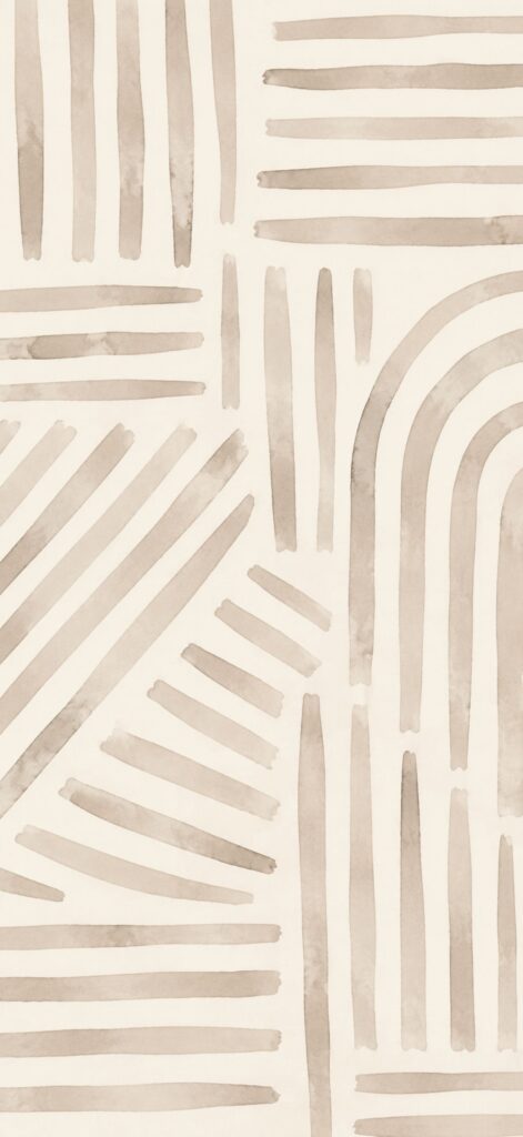 Abstract beige and brown pattern featuring hand-drawn lines, arches, and geometric shapes on a cream background, creating a modern and minimalist design.