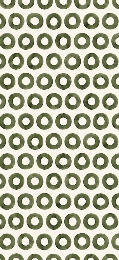 A repeating pattern of hand-painted, greenish circular rings with holes in the center on a light background. The rings are arranged in evenly spaced, horizontal rows.
