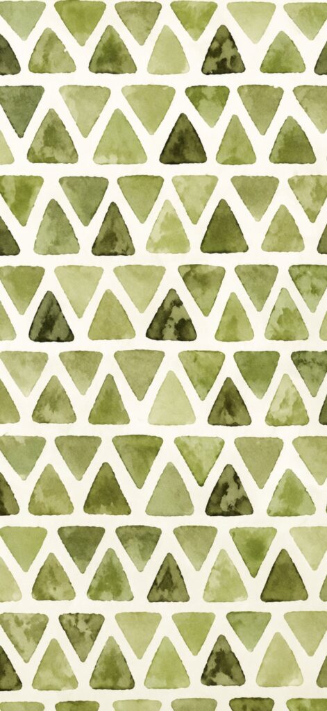 A pattern of watercolor green triangles in varying shades, arranged in neat horizontal rows on a white background.