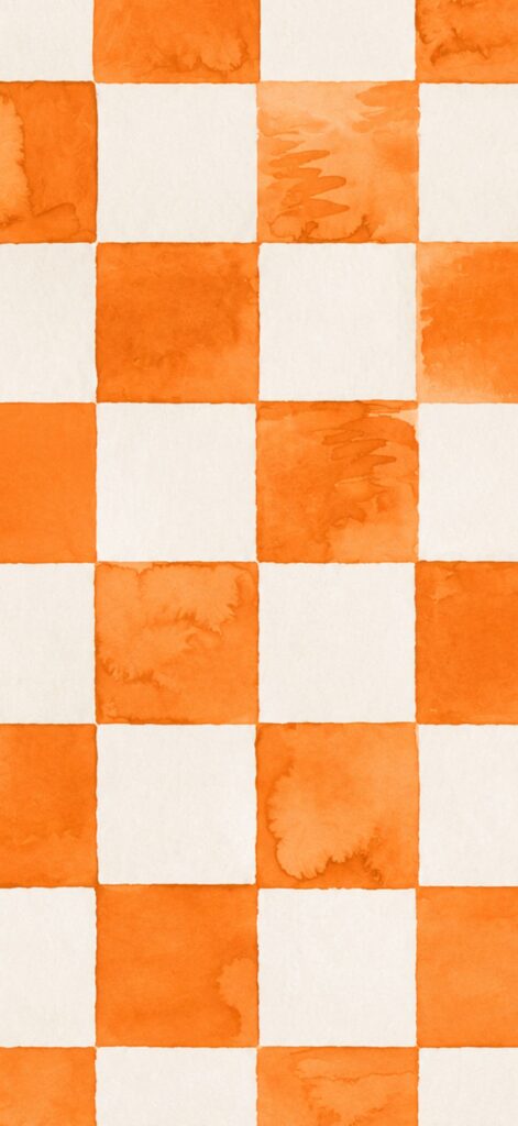 A vertical pattern of orange and white watercolor checkerboard squares, arranged in an alternating grid. Some orange squares have subtle paint textures and gradients.