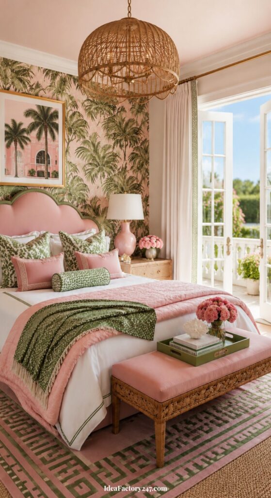A stylish bedroom with pink and green decor, tropical wallpaper, a rattan light fixture, floral accents, and sunlight streaming through French doors opening to a balcony.