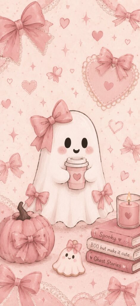 A cute ghost with a pink bow holds a cup, surrounded by bows, a pumpkin, a candle, heart shapes, and books labeled Spooky, BOO but make it cute, and Ghost Stories on a pink background.