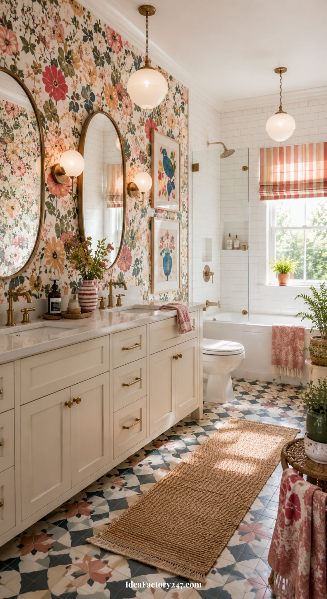 Bright and whimsical bathroom featuring floral wallpaper, two mirrors above a double sink, brass fixtures, wall art, a woven rug, indoor plants, and a window with striped curtains letting in natural light.