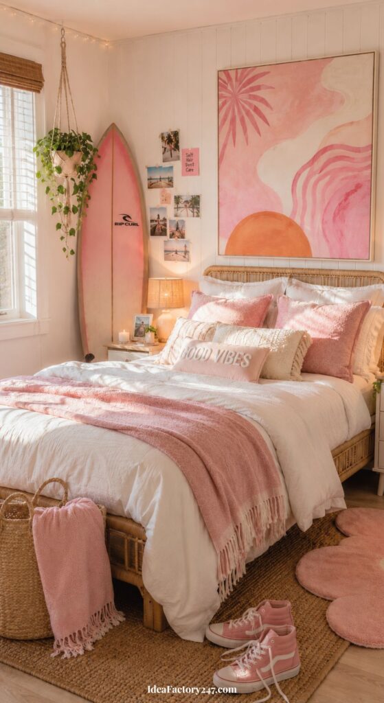 A cozy bedroom with a rattan bed, pink bedding, surfboard, hanging plant, wall art, and “Good Vibes” pillow. Pink shoes are on a pink rug, and sunlight streams through a window.