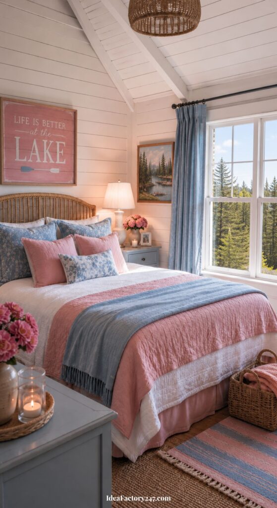 Cozy bedroom with pink and blue decor, a bed with layered pillows and blankets, flowers on a nightstand, basket on the floor, wall art, and large windows showing a forest view.