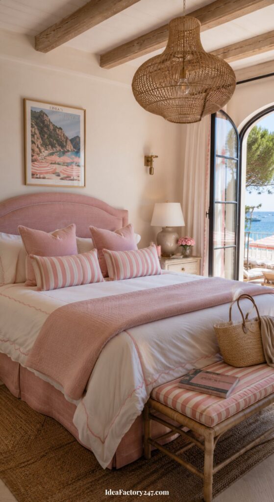 A cozy bedroom with a pink bed, striped pillows, rattan bench and chandelier, white walls, framed art, and large window showing a view of the ocean and trees. Light streaming in creates a warm, inviting atmosphere.