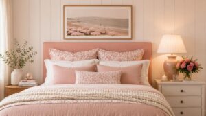 A cozy bedroom with a pink and white bed, floral pillows, a lamp, flowers on a nightstand, and a beach photo above the headboard. Decor includes books and a vase with greenery.