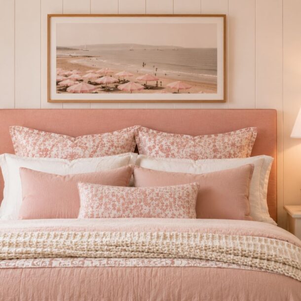 A cozy bedroom with a pink and white bed, floral pillows, a lamp, flowers on a nightstand, and a beach photo above the headboard. Decor includes books and a vase with greenery.
