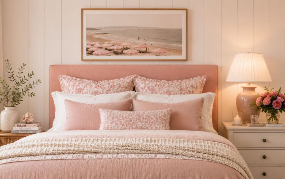 A cozy bedroom with a pink and white bed, floral pillows, a lamp, flowers on a nightstand, and a beach photo above the headboard. Decor includes books and a vase with greenery.