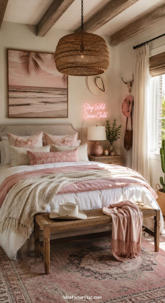 Cozy boho bedroom with a pink and beige color palette, woven wall art, “Stay Wild Ocean Child” neon sign, potted plants, wooden bench, and layered textured bedding under exposed ceiling beams.