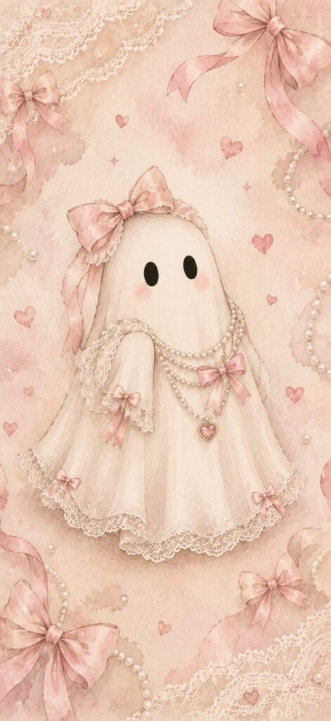 A cute ghost wearing a frilly white dress with pink bows, pearls, and lace, surrounded by hearts and ribbons on a soft pink background.