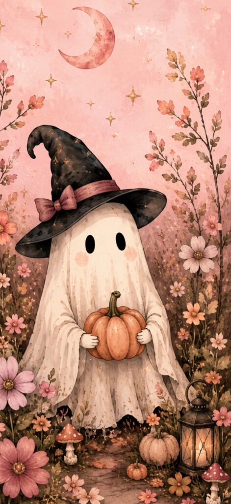 A cute ghost in a witch hat holds a pumpkin in a field of flowers, with a crescent moon and stars sparkling in the pink sky. A lantern and mushrooms sit nearby, creating a whimsical, autumn scene that's perfect for a cute Halloween wallpaper.
