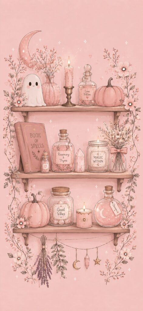 Three shelves hold pumpkins, candles, spell books, potion bottles, crystals, dried herbs, flowers, and a cute ghost, all in soft pink tones with floral accents and crescent moon decor on a pink background.