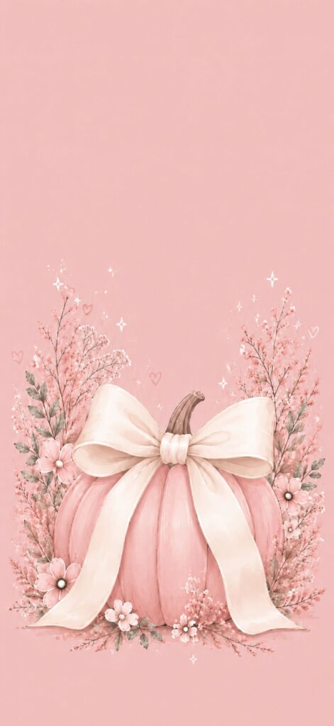 A pink pumpkin with a large white bow is surrounded by delicate pink flowers and foliage, set against a soft pink background with small hearts and sparkles.