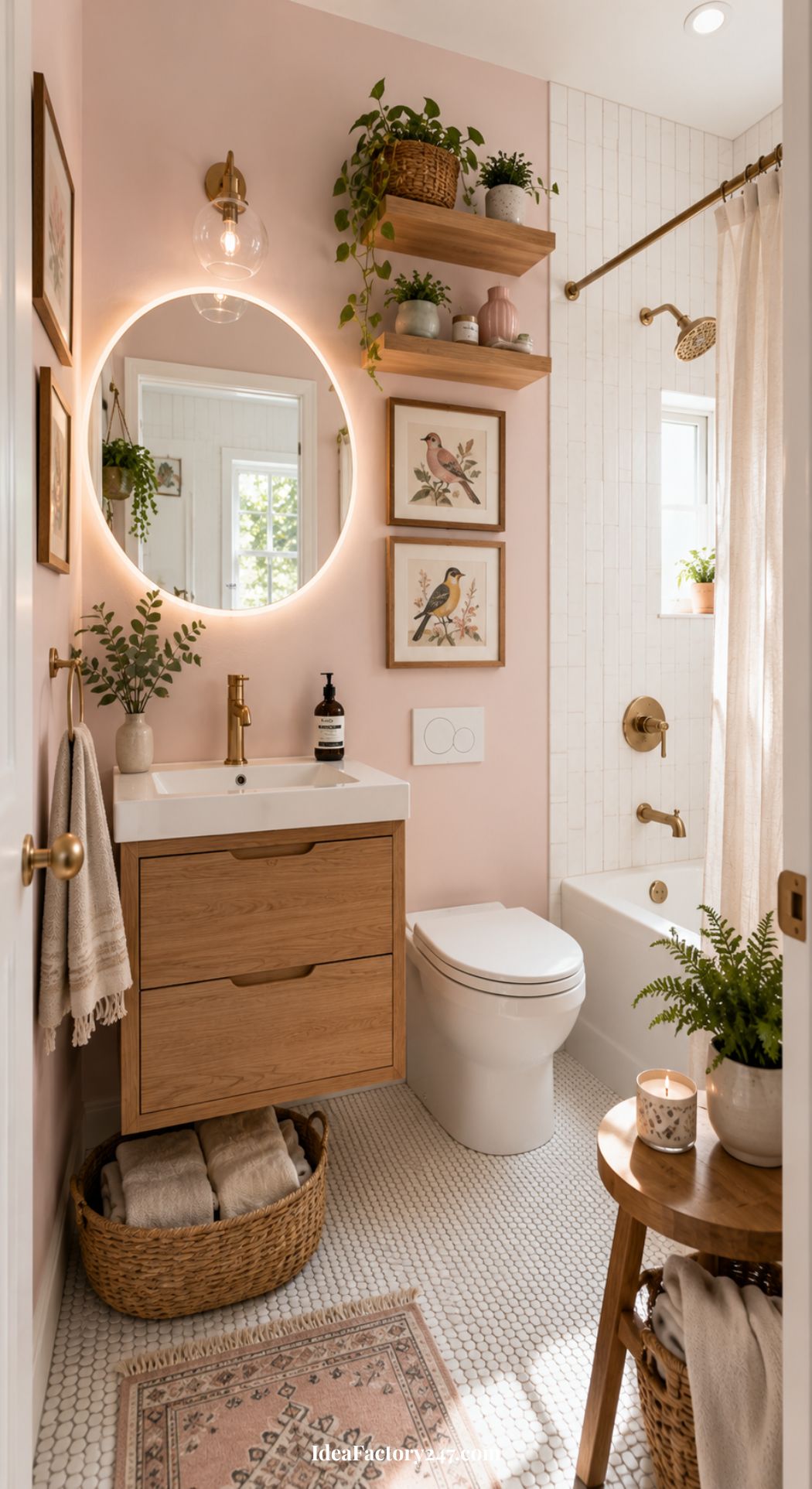 A small, stylish bathroom with light pink walls, wooden vanity, round mirror with backlight, and whimsical touches like playful bird art and vibrant plants. A white tub with gold fixtures adds elegance, while a stool holds a candle and book for ultimate relaxation. Towels are neatly stored in a wicker basket, completing this whimsical bathroom retreat.
