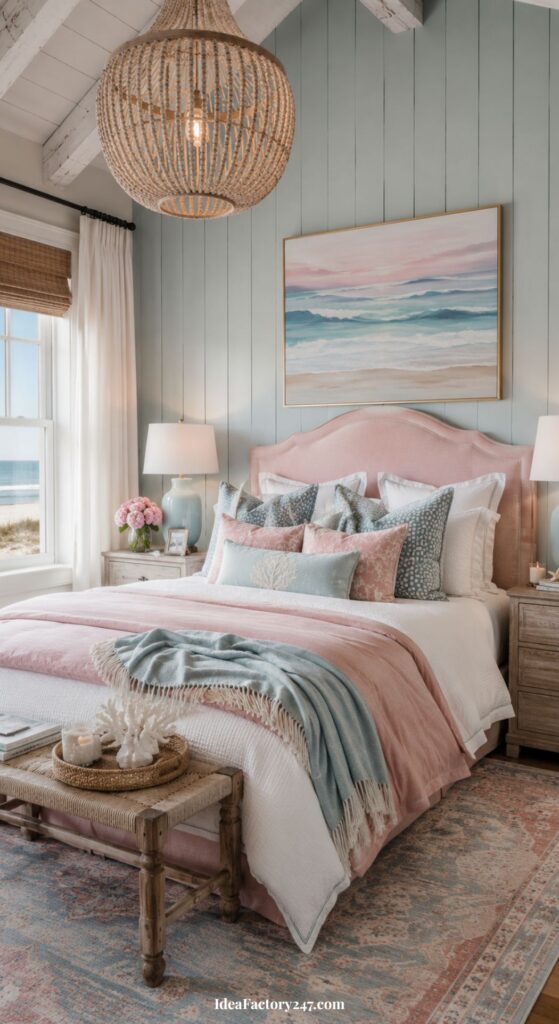 Cozy bedroom with pastel decor, a pink tufted headboard, soft blue and pink bedding, coastal artwork, two lamps, a woven pendant light, and large window showing a seaside view.