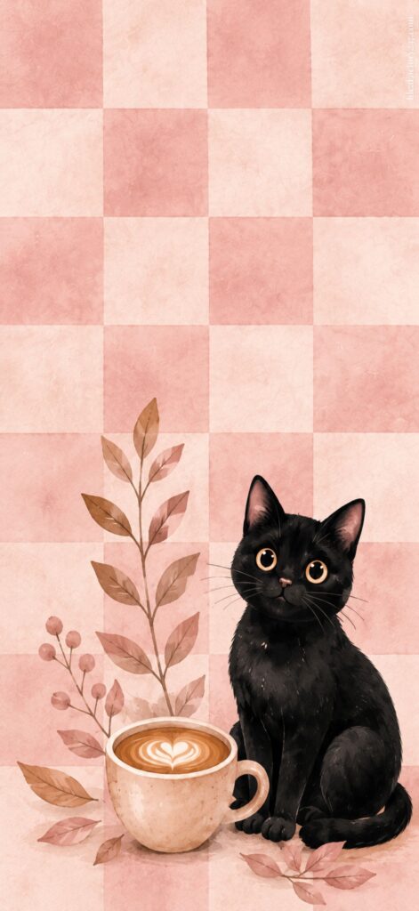 A cute black cat with big eyes sits beside a coffee cup with latte art, in front of brown leaves on a pink and beige checkered background.