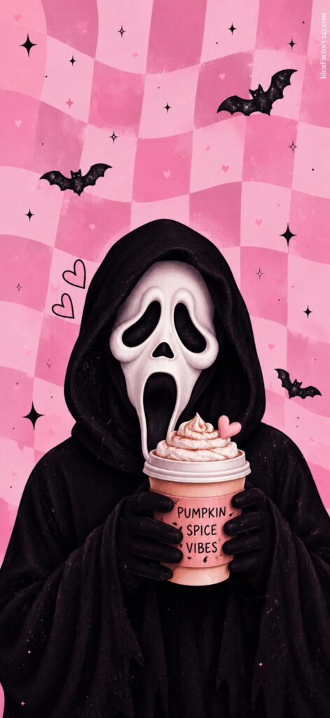 A person in a Scream mask and black hooded cloak holds a pumpkin spice latte with whipped cream; pink background with bats, hearts, stars, and elements inspired by cute ghost wallpaper.
