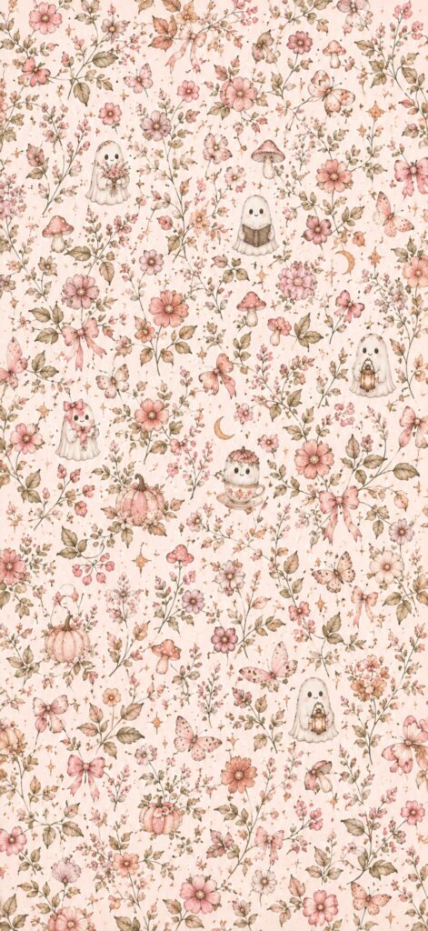 Whimsical seamless pattern with pastel flowers, leaves, butterflies, and cute owls on a light pink background, creating a soft and charming woodland scene.