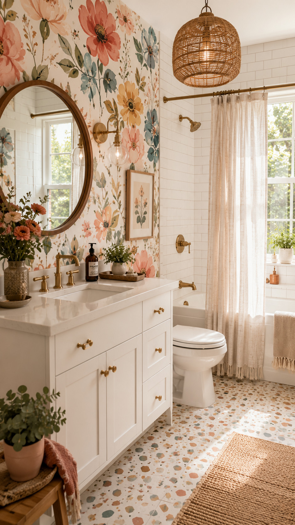 A bright and whimsical bathroom featuring floral wallpaper, gold fixtures, and a round mirror, with a white vanity, potted plants, a wicker light, and a window with sheer curtains next to the bathtub and toilet.