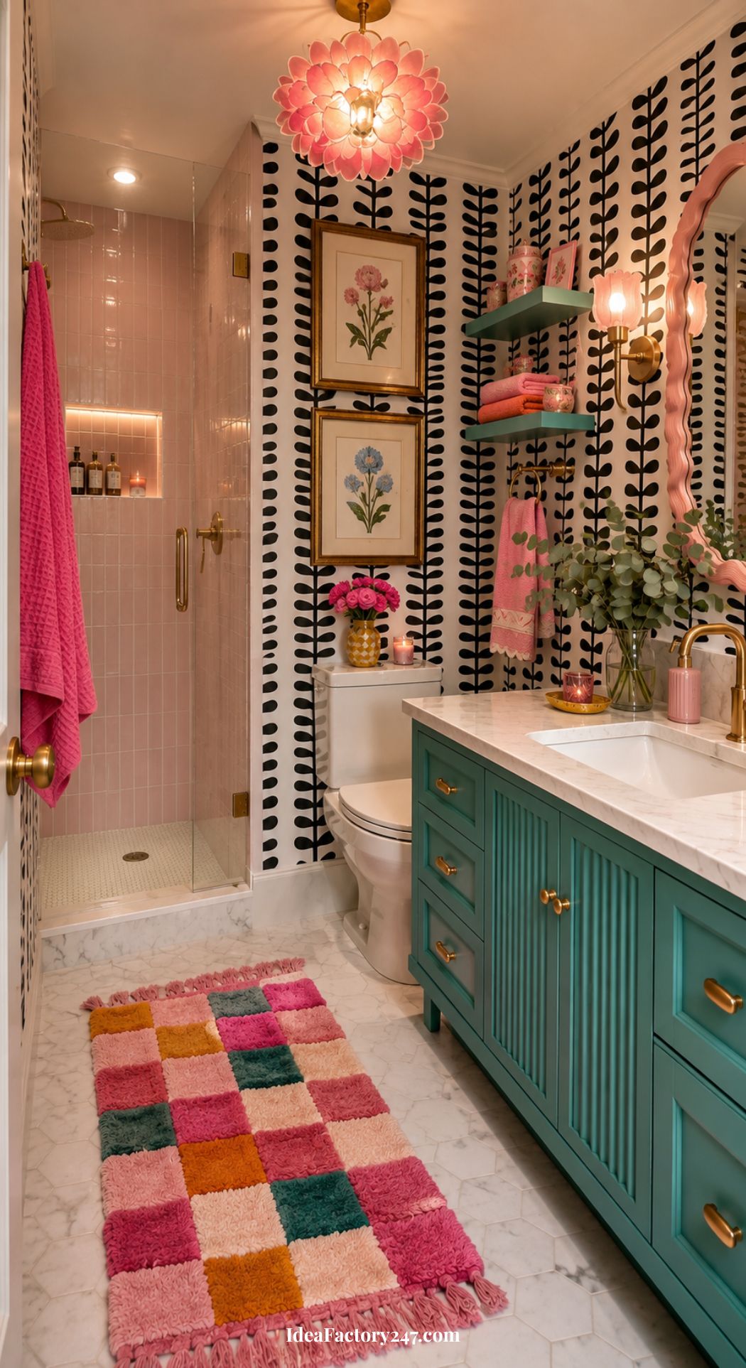 This whimsical bathroom features a teal vanity, gold fixtures, geometric black-and-white wallpaper, pink towels, framed floral art, a pink chandelier, and a multi-colored rug. In the background, a glass shower with pink tiles adds to the playful charm.