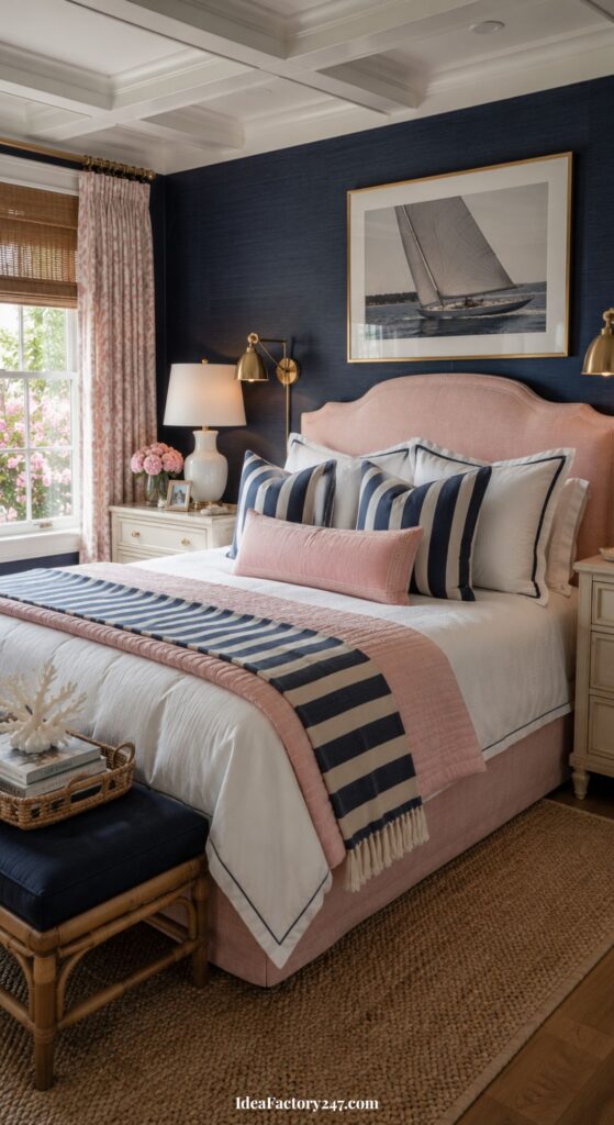 A stylish bedroom with a pink upholstered bed, navy and white striped pillows and throw, nautical artwork, two nightstands with lamps, a window with floral curtains, and a woven bench at the foot of the bed.