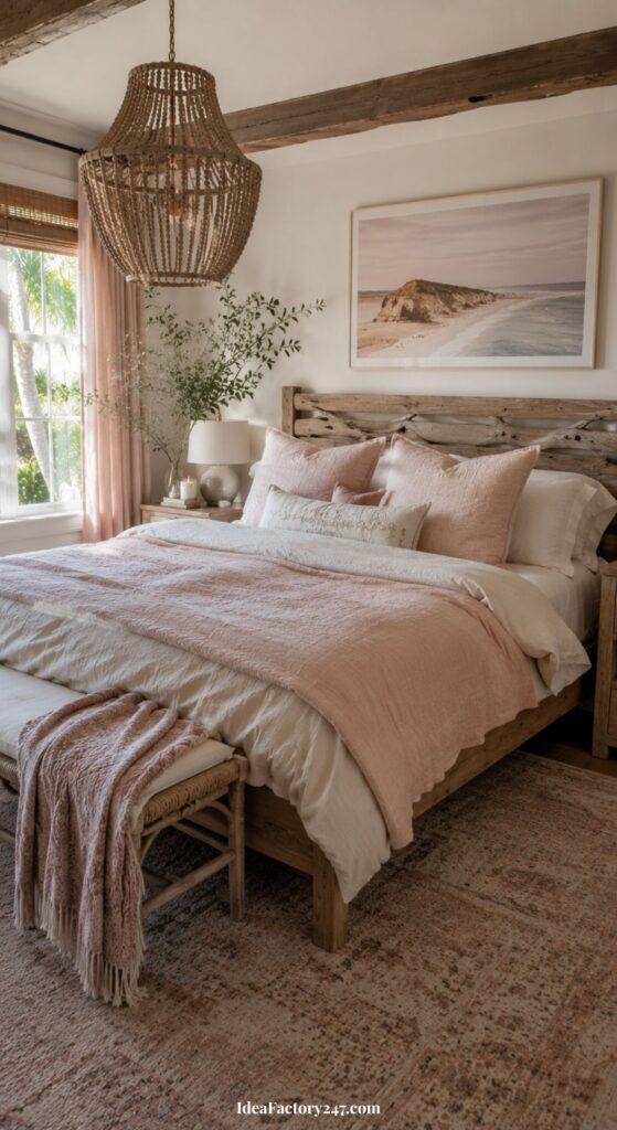 A cozy bedroom with a wooden bed, light pink bedding, a woven bench, a rattan light fixture, and a beach photo above the bed; sunlight streams through a window with sheer curtains.