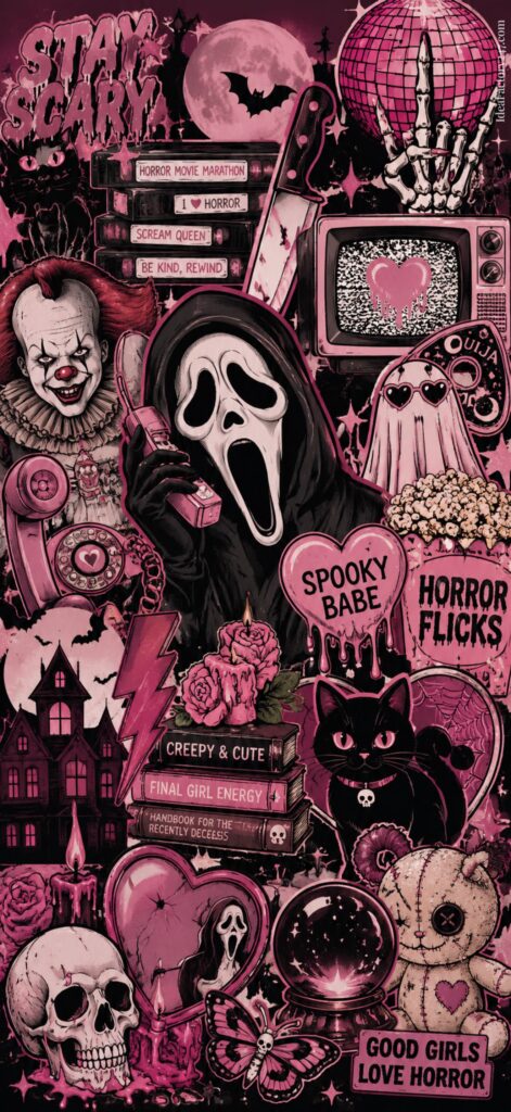 Collage of pink and black horror-themed art, featuring iconic characters, haunted house, Ghostface wallpaper elements, knife, TV, black cat, disco ball, skeleton, roses, and phrases like Stay Scary, Spooky Babe, and Final Girl Energy.