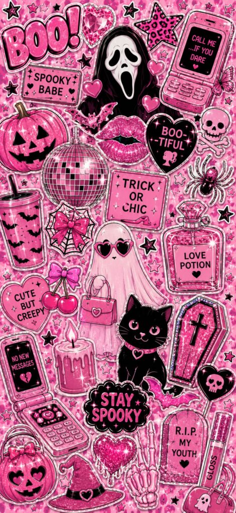 A collage of pink Halloween-themed stickers, including a ghost, black cat, skull, coffin, pumpkins, potions, and phrases like BOO!, STAY SPOOKY, and TRICK OR CHIC on a sparkly pink background.