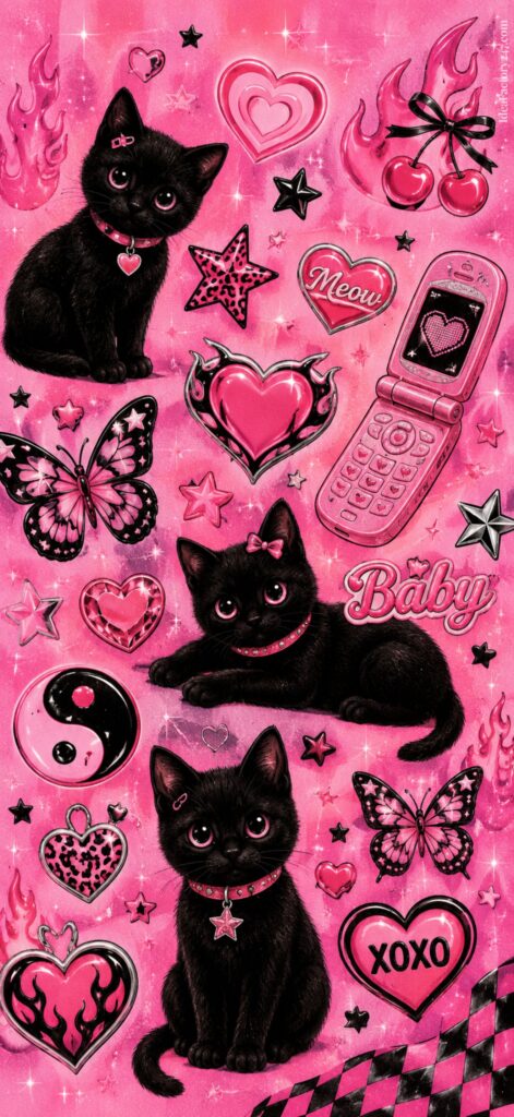 Three black kittens surrounded by pink hearts, flames, butterflies, a flip phone, cherries, stars, and words like “Baby,” “Meow,” and “XOXO” on a vibrant pink background.