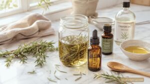 A jar with rosemary sprigs in oil, two small brown dropper bottles, a bottle of castor oil, a bowl with oil, a wooden spoon, and loose rosemary are arranged on a light marble countertop near a window—perfect for creating your own rosemary hair oil for hair growth.