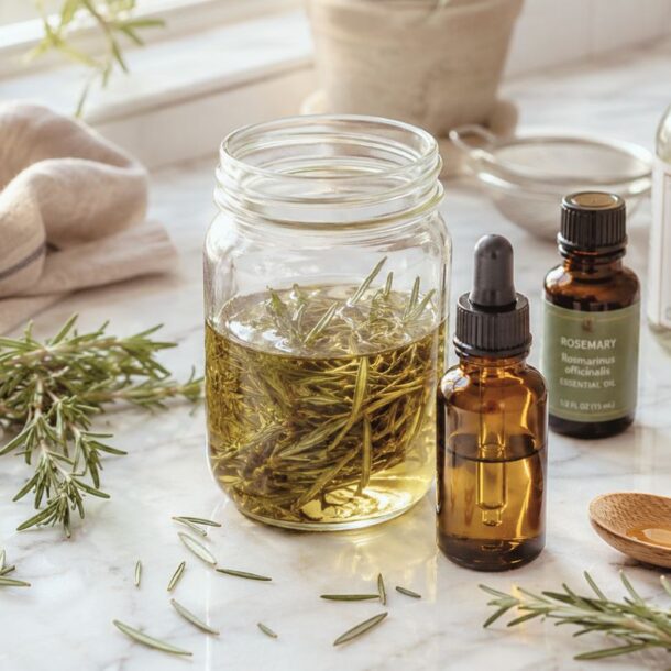 A jar with rosemary sprigs in oil, two small brown dropper bottles, a bottle of castor oil, a bowl with oil, a wooden spoon, and loose rosemary are arranged on a light marble countertop near a window—perfect for creating your own rosemary hair oil for hair growth.