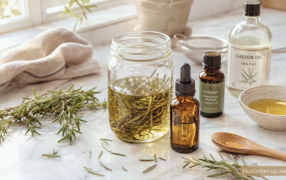 A jar with rosemary sprigs in oil, two small brown dropper bottles, a bottle of castor oil, a bowl with oil, a wooden spoon, and loose rosemary are arranged on a light marble countertop near a window—perfect for creating your own rosemary hair oil for hair growth.