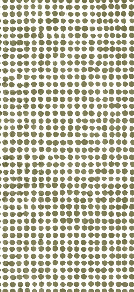 A pattern of evenly spaced olive green dots on a white background, arranged in a grid with slight variations in dot shape and spacing, creating an organic, hand-drawn look.