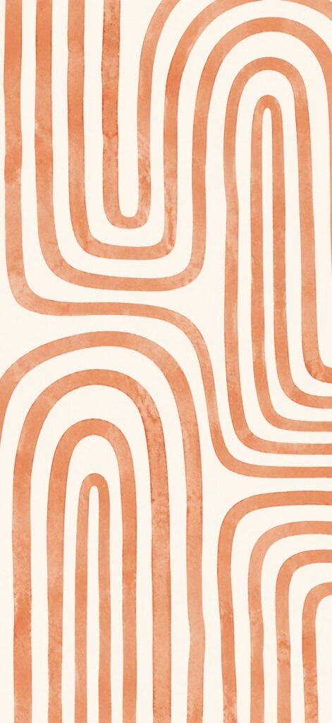 Abstract pattern with curved, parallel orange lines on a cream background, forming rounded arches and loops. The design has a retro, minimalist, and geometric aesthetic.