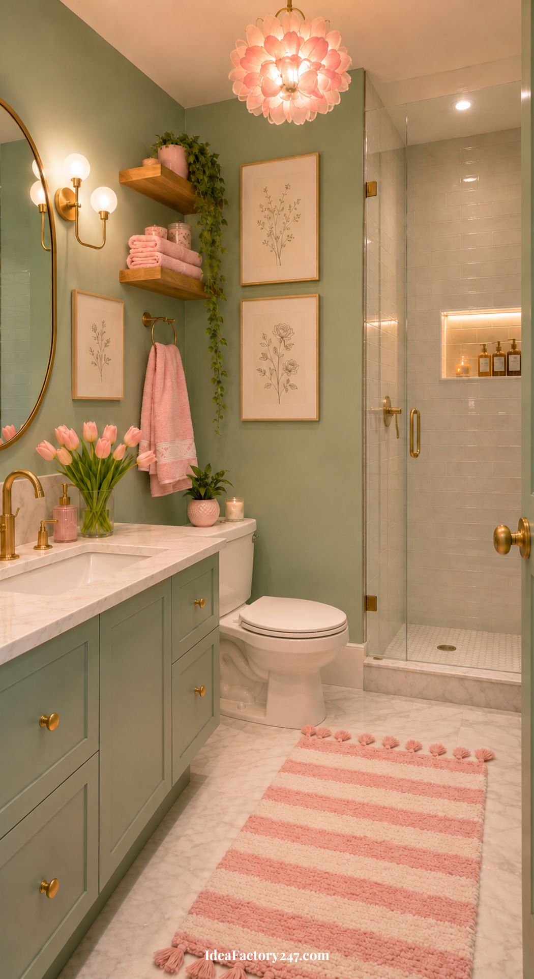A whimsical bathroom in mint green features pink accents, gold fixtures, and a glass shower. The marble floor, floral art, fresh tulips, and a pink striped rug create a playful yet elegant vibe. Pink towels and touches of greenery add a fresh, feminine touch to this charming retreat.
