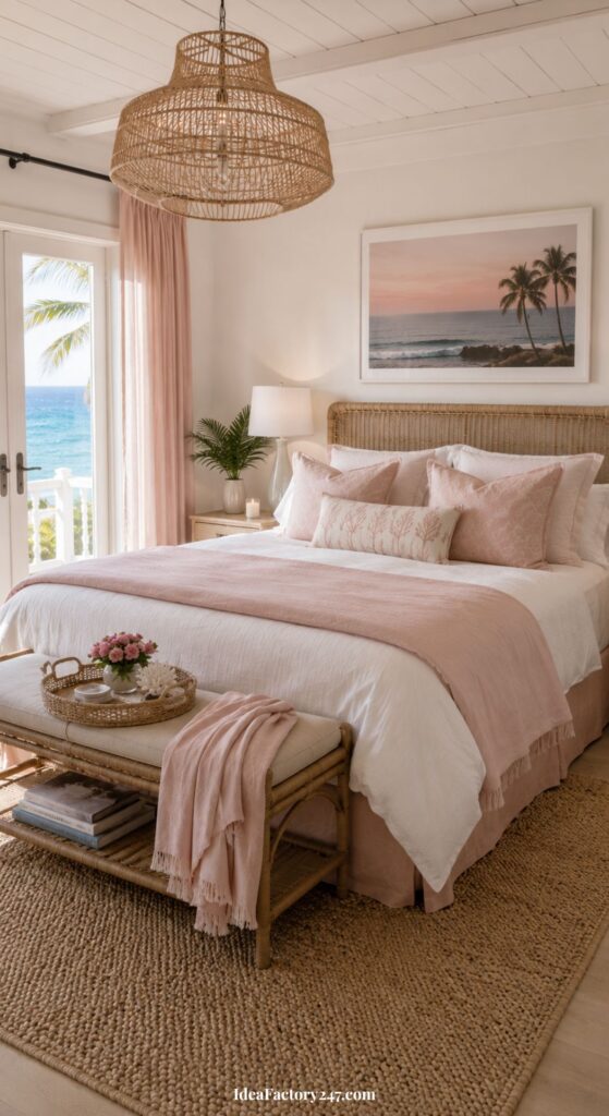 A cozy beach-themed bedroom with a large bed, pink and white bedding, wicker accents, a jute rug, and a window view of the ocean. Palm artwork hangs above the bed, and soft natural light fills the room.