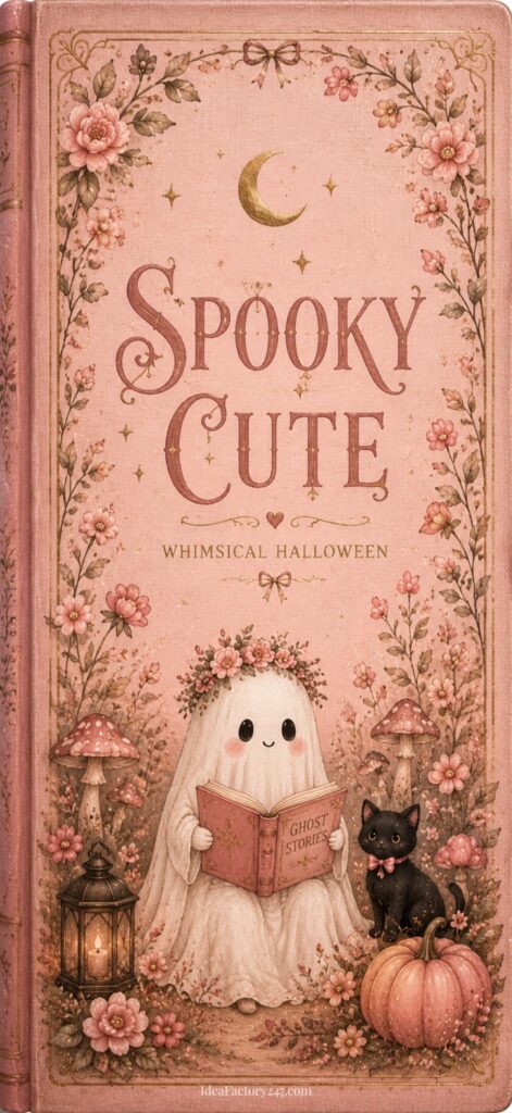 A cute ghost reads Ghost Stories beside a black cat, a pumpkin, and a lantern, surrounded by flowers. The book cover says Spooky Cute: Whimsical Halloween with a crescent moon overhead, making this scene perfect for anyone looking for cute Halloween wallpaper.