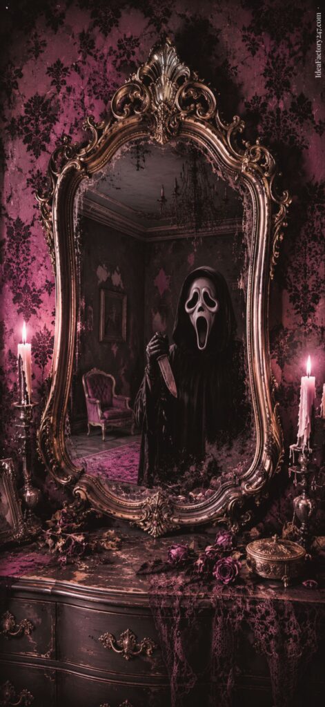 A ghost-faced figure in black holds a knife, reflected in an ornate mirror above a vintage dresser adorned with candles and gothic décor in a dim, purple-lit room—the scene holds an eerie elegance, perfect for fans of cute ghost wallpaper seeking a darkly enchanting aesthetic.