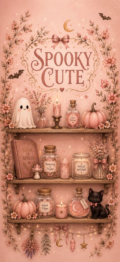 Pink shelves adorned with pumpkins, candles, potion bottles, a black cat, ghost, and flowers create a charming scene. Above, the words “Spooky Cute” are surrounded by bats, stars, and crescent moons in a whimsical array of pastel hues—perfect for anyone seeking cute Halloween wallpaper with an imaginative touch.