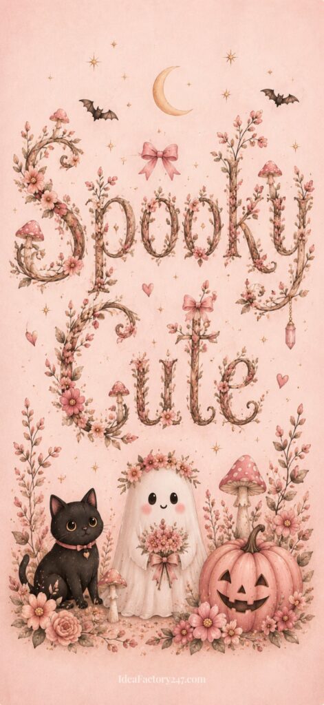 Whimsical Halloween-themed art with “Spooky Cute” in floral letters, a black cat, a ghost holding flowers, a smiling pumpkin, mushrooms, bats, crescent moon, and pink floral decorations on a pastel background—perfect as a cute Halloween wallpaper.
