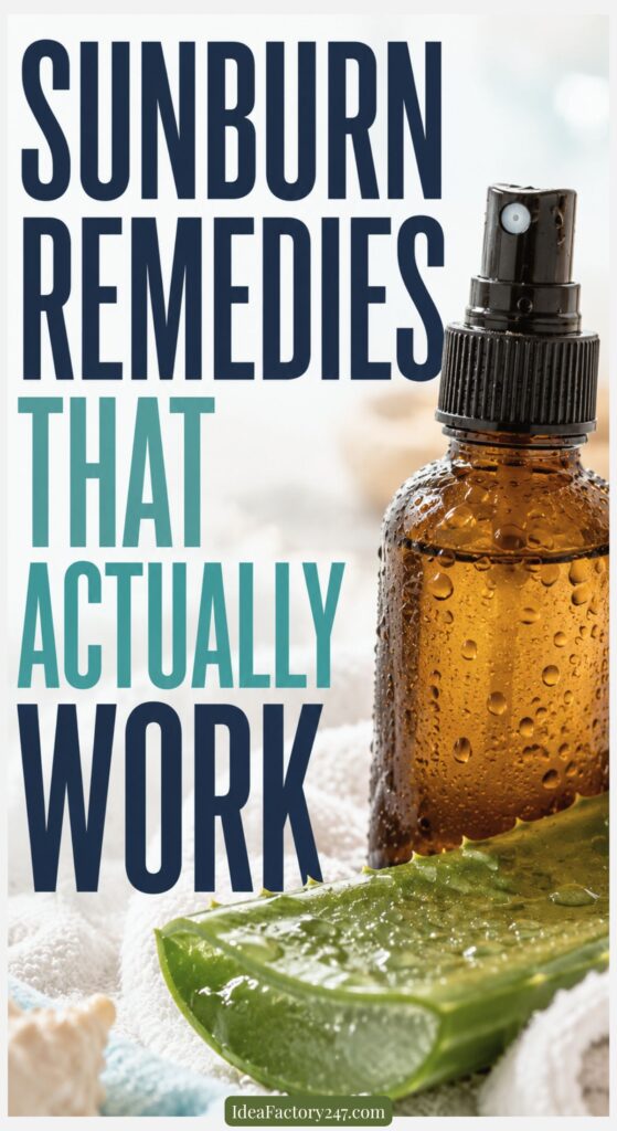 A brown spray bottle and a cut aloe vera leaf are shown with the text: Sunburn remedies that actually work.