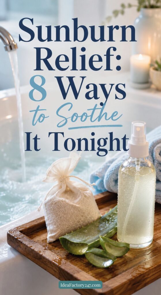 A wooden tray by a bathtub holds a spray bottle, fresh aloe vera leaves, and a cloth pouch, with a blue towel in the background. Text on image reads Sunburn Relief: 8 Ways to Soothe It Tonight.