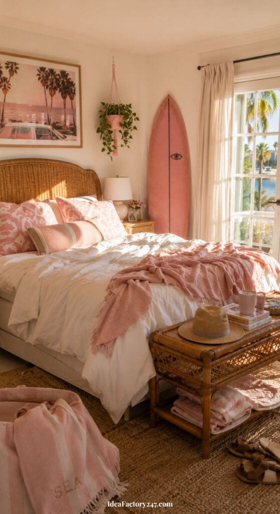 Sunlit bedroom with a rattan bed, pink and white bedding, surfboard, straw hat, wicker bench, and palm tree view outside. Coastal decor with soft blankets, framed art, and woven textures.