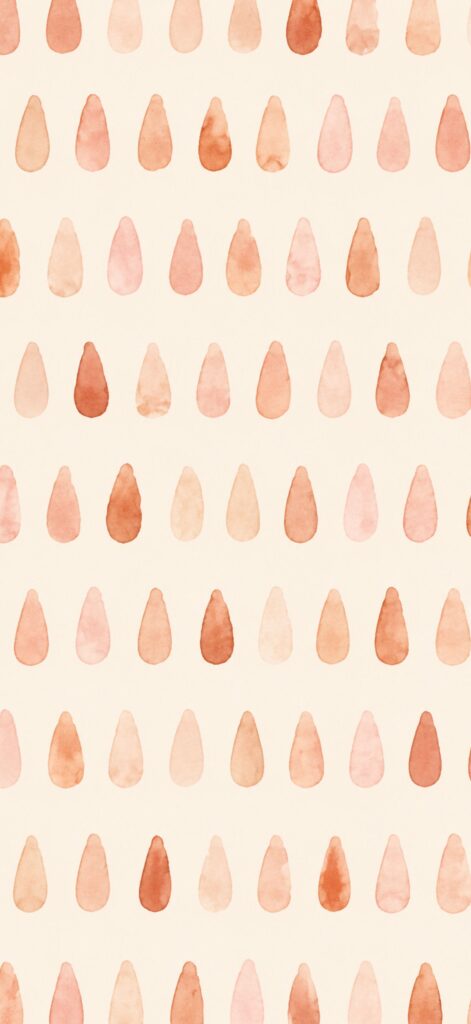 Repeating pattern of watercolor teardrop shapes in various shades of peach and brown on a cream background. The drops are arranged in straight, evenly spaced rows and columns.