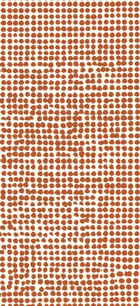 A grid of hand-drawn, uneven reddish-brown dots on a white background. The dots vary slightly in size and spacing, creating an imperfect, organic pattern across the image.